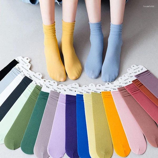 Chaussettes pour femmes, couleur unie, quatre saisons, Tube central, fines, amples, Style collégien, chaussettes douces pour la maison, étudiantes