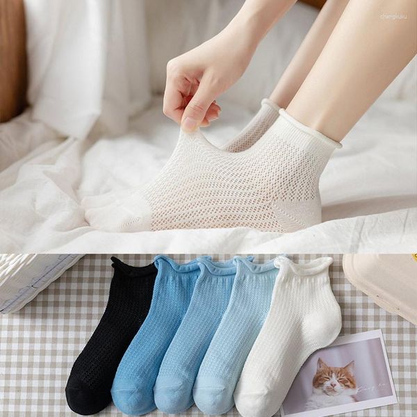 Calcetines de mujer Color sólido moda japonesa escuela niñas corte bajo tobillo malla fina transpirable Kawaii lindo volante corto