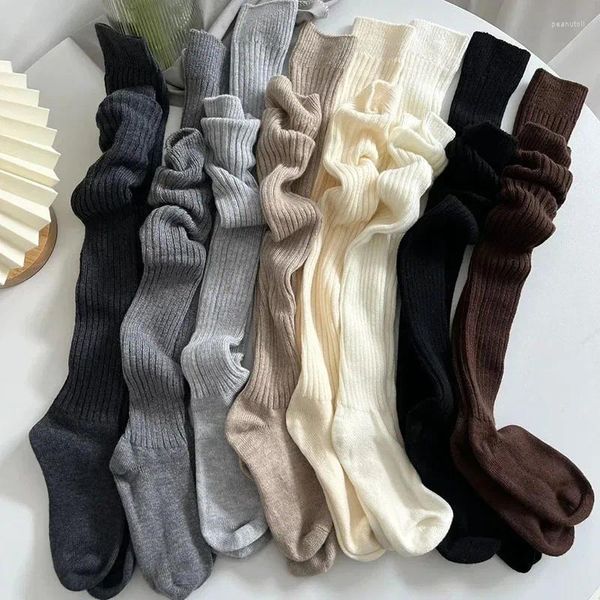 Chaussettes de couleur unie pour femmes, bas hauts au-dessus du genou, longs et chauds, jambières japonaises Jk en coton, Legging Tube haut