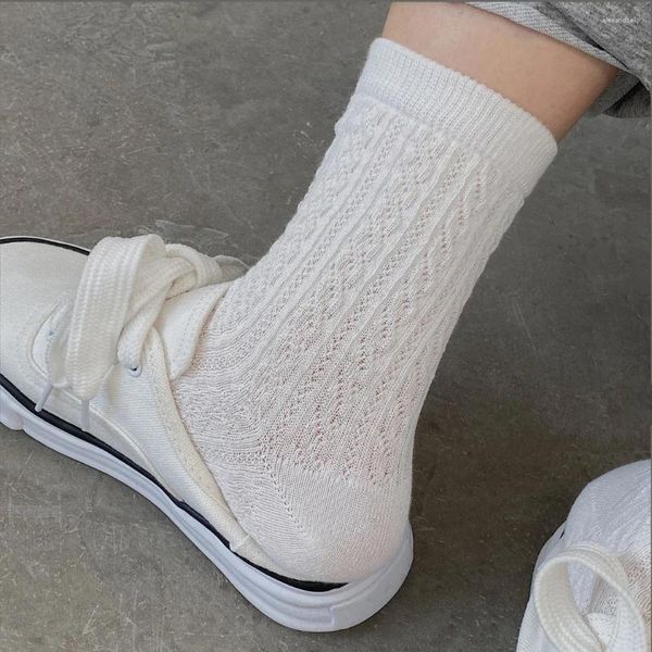 Calcetines deportivos de estilo coreano para mujer, medias cortas de algodón para pies y tobillo, medias de malla para niñas, blanco, negro, 3D, Escuela Japonesa, largas