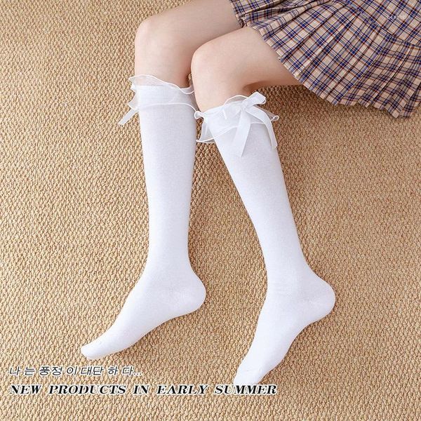 Calcetines de mujer primavera y otoño medias de algodón peinado Jk pajarita de encaje tubo medio hasta la rodilla Lolita pantorrilla Kawaii lindo Sexy