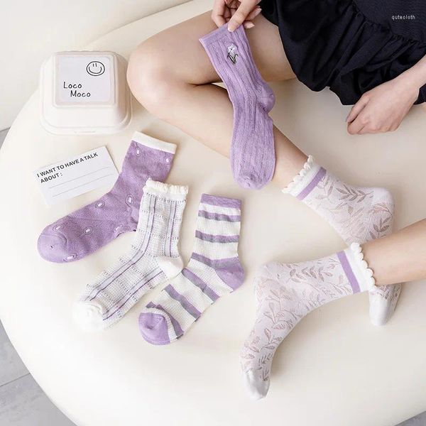 Chaussettes en maille respirante pour femmes, printemps et été, bouche à bulles fraîches, Simple, violet, tube central, rayures de fleurs de dessin animé