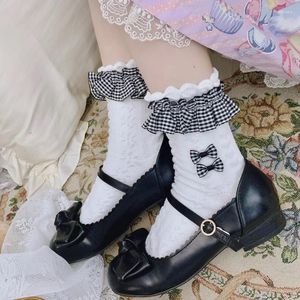 Chaussettes en dentelle à carreaux pour femmes, printemps et été, bouche à bulles, nœud Jk, coton doux et Cool, Lolita étudiante fille