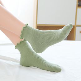 Femmes chaussettes printemps été à volants froufrous Style japonais jeune fille Lolita mignon coton mode couleur unie