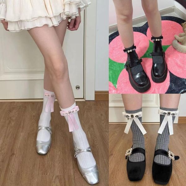 Chaussettes de printemps et d'été pour femmes, chaussettes de Ballet Y2k avec strass Flash, nœuds doux, vêtements de pied en coton, bas de couleur unie pour le quotidien