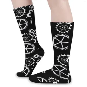 Chaussettes Steampunk pour femmes, noir et blanc, technologie de printemps, engrenages, bas monochromes, modernes, doux, cyclisme, Anti-transpiration