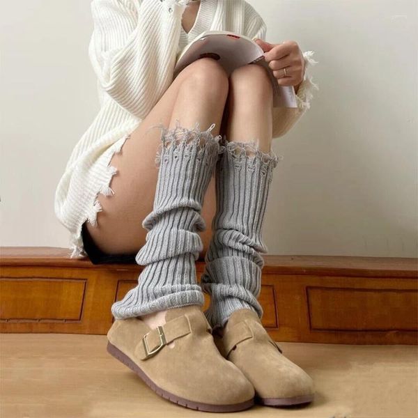 Calcetines de mujer Steampunk Y2K apilados calcetín roto borla cubierta de Color sólido estilo Lolita Harajuku gótico