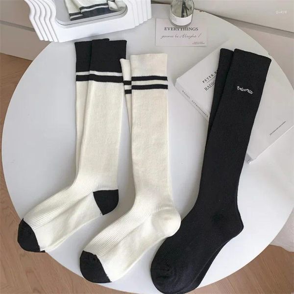 Femmes chaussettes bas automne hiver coton tricot genou lettre broderie mode rayé école filles longues