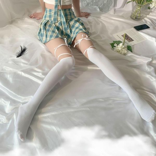 Femmes chaussettes bas croix à lacets sur le genou cuisse haute Nylon chaussette longue bas mode Sexy Lolita mi-haut Tube