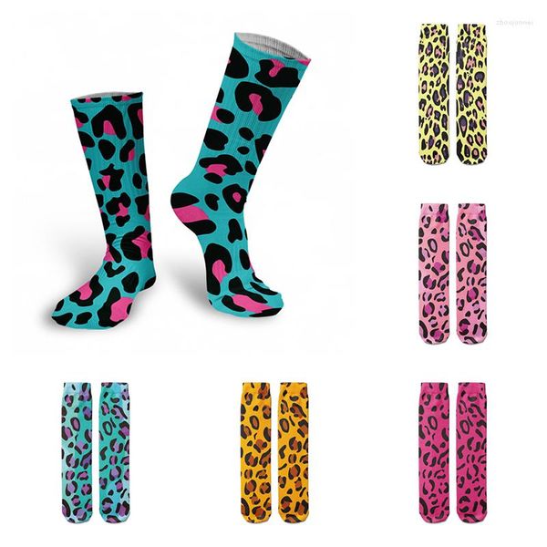 Calcetines de mujer con estampado de leopardo callejero, algodón, manchas rosas en azul, tobillo alto, montar en bicicleta, Punk, ocio, monopatín, cálidos