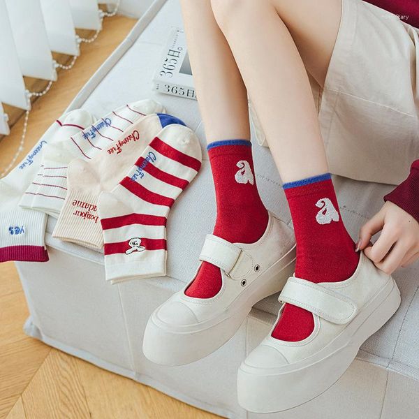 Frauen Socken Gestreifte Stickerei Brief Cartoon Tier Niedlichen Japanischen Stil Rot Weiß Süße Casual Weibliche Baumwolle