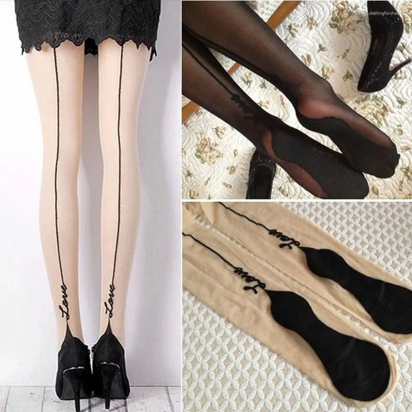 Femmes chaussettes élégantes rotro sexy bass jacquard ligne arrière Ligne d'anglais lettre d'amour tatouage collants Tigh Lady Girl Pantyhose