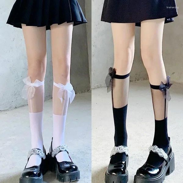 Femmes chaussettes d'été nouée de nœud lolita style japonais patchwork sweet jk veau mince transparent bas bas de bonne humeur
