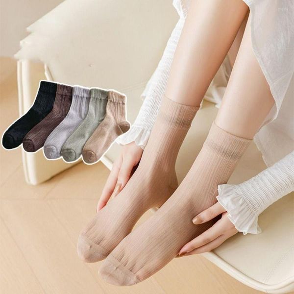 Femmes chaussettes été mode couleur unie gaze Ultra mince verre soie Transparent doux confortable bonneterie