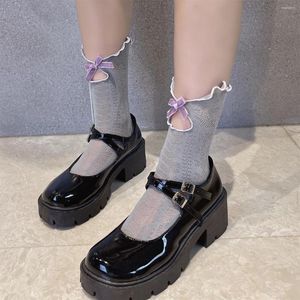 Femmes chaussettes été évider Sexy dentelle maille mince coupe basse cheville bas japonais Kawaii mignon JK Lolita filles velours arc à volants