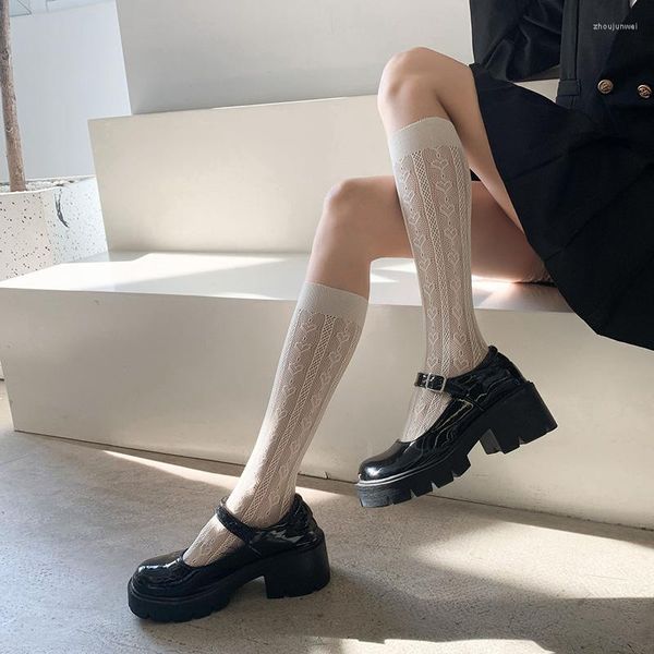 Femmes chaussettes été JK dentelle mollet Sexy maille résille bas blanc noir couleur unie Kawaii Lolita fille Long Sox Calcetines Mujer