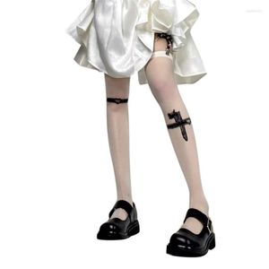 Femmes chaussettes été soyeux Ultra mince transparent cuisse haute bas Vintage gothique Punk épée imprimé Harajuku sur le genou Long