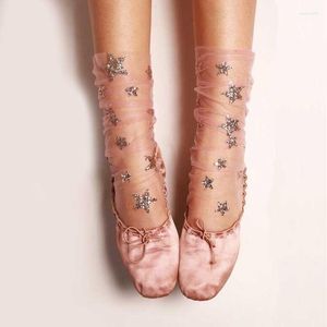 Chaussettes d'été en Tulle et gaze pour femmes, étoiles scintillantes, Sexy coréenne, soie cristal, dentelle ultra-fine, cadeau à cinq branches