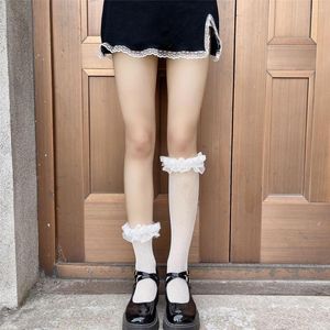 Femmes chaussettes été mince foncé Punk Style creux résille pli dentelle veau mode tout-match japonais fille moyen Tube