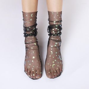 Vrouwen sokken zomer dunne long glitter star moon tulle vrouwelijke transparante chiffon veter -up jurk calcetines