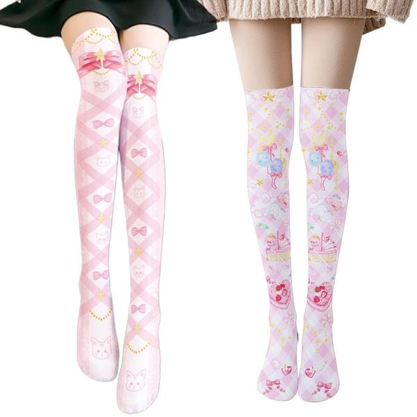 Calcetines de mujer, medias finas de verano hasta el muslo, medias japonesas de dibujos animados de Anime, pastel de globo para Cross Bowknot impreso, Cosplay