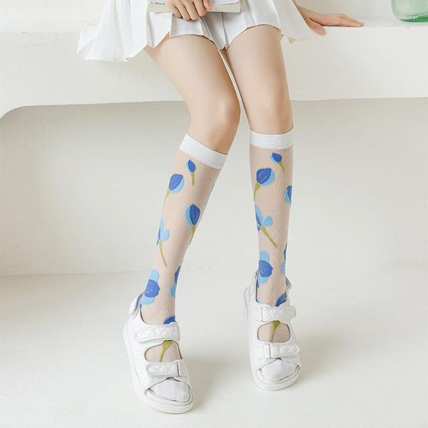 Chaussettes d'été en Nylon Ultra-fin pour femmes, bas longs transparents, hauts aux genoux, imprimé Floral, mignon japonais Kawaii