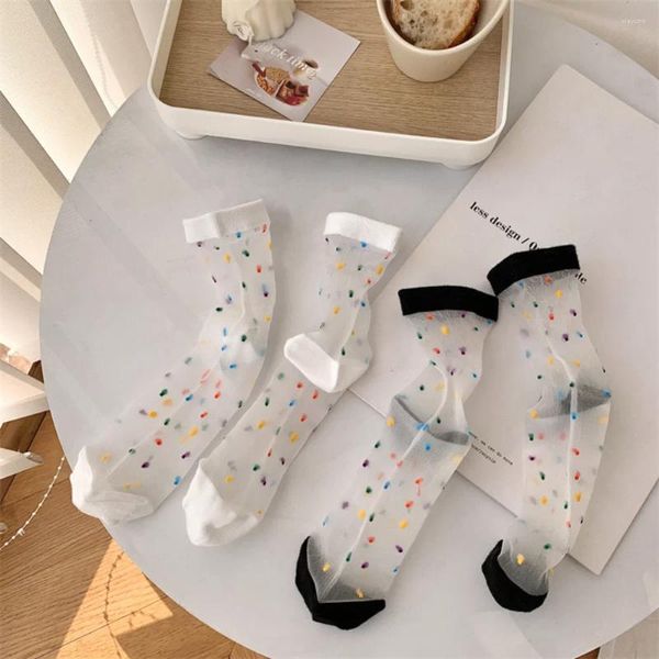 Femmes chaussettes été Ultra-mince Transparent multicolore à pois cristal soie Style japonais doux filles élastique longue