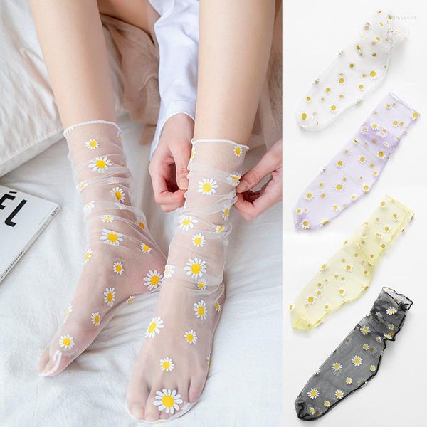 Chaussettes d'été Ultra-fines pour femmes, fil Transparent, mode, petite marguerite, maille en Tulle, couleur unie, Tube central respirant