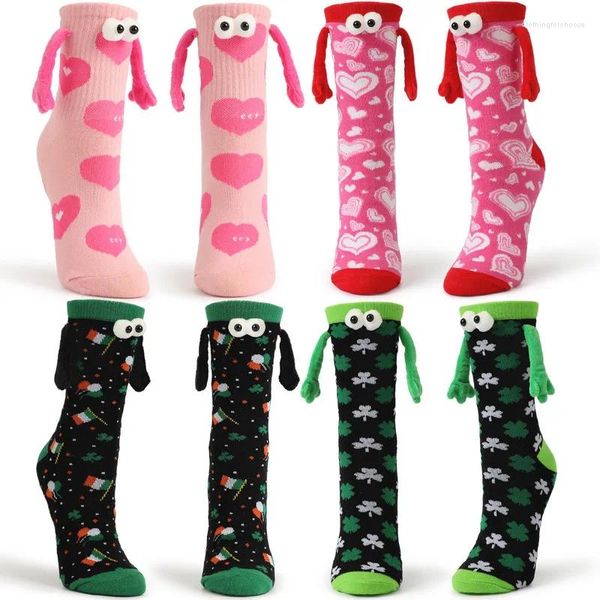 Chaussettes en coton pour femmes, chaussettes douces pour Couple, aspiration magnétique créative, mains imprimées, Tube central avec aimant, cadeau de saint valentin, Sox