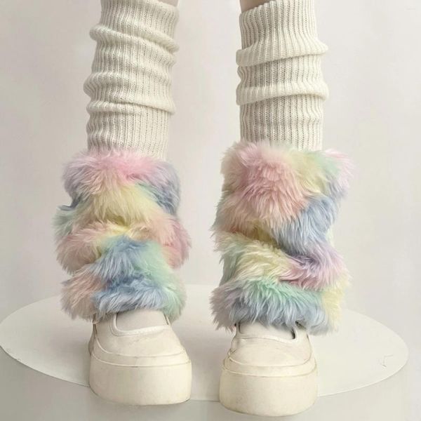 Chaussettes de femmes Sweet E-Girl 2000s Femme Coloreful Fur Trim Trièce Ribbed Knee High Harajuku Kawaii Boot Cuffs mignon Long