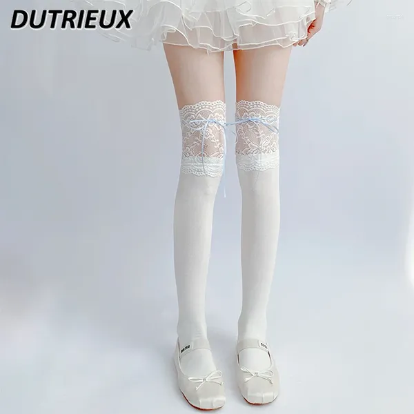 Chaussettes de femmes Sweet Girl polyvalent sous les bas du genou printemps et automne en dentelle blanche lolita lolita mignon ruban d'arc