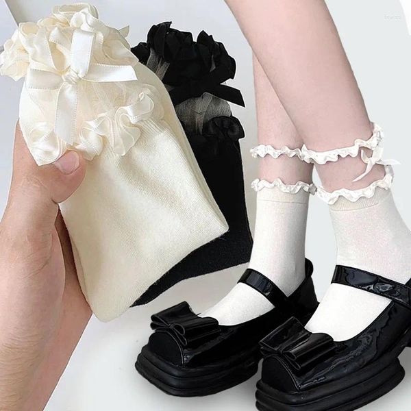 Calcetines de mujer con volantes de encaje, calcetín tobillero transpirable de algodón, estilo Harajuku, lazo de Lolita, tubo medio JK Kawaii, negro y blanco