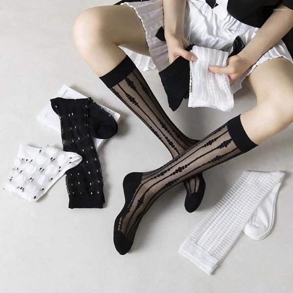 Chaussettes douces et Sexy pour femmes, bonneterie à pois, rayures en soie et verre, chaussettes Lolita longues JK, genou coréen, noir, blanc, Transparent