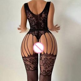 Vrouwen Sokken Teddy Crotchless Panty Erotische Lingerie Zwarte Full Body Kousen Hoge Visnet Sexy Panty Bloemen Mesh Hol