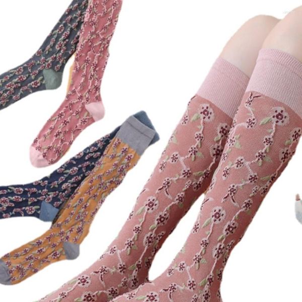 Femmes Chaussettes Coton Thermique Lingerie Coréenne Fleur Broderie Cuissardes Long Bas Japonais Kawaii Mignon Genou Étudiant