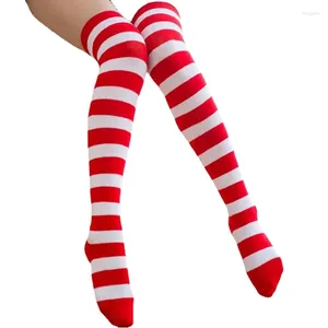 Femmes chaussettes à la cuisse au-dessus du genou pour les dames rouges blanc rayé Hosiery long bas en coton tricot soks