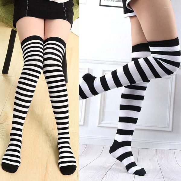 Femmes Chaussettes Cuisse Haute Sur Le Genou Pour Fille Noir Blanc Rayé Bonneterie Long Coton Bas Kawaii Tricoté