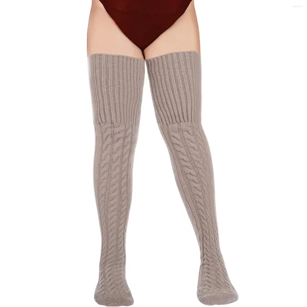 Femmes chaussettes de cuisse haute couleur unie extra-longue tricot de câble chaud sur les bas du genou