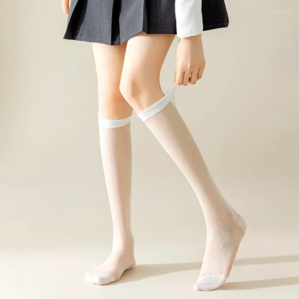 Chaussettes féminines mince en soie brillante genou couleur solide jk lolita cosplay long été sexy les bas antidérapants transparents sexy pour