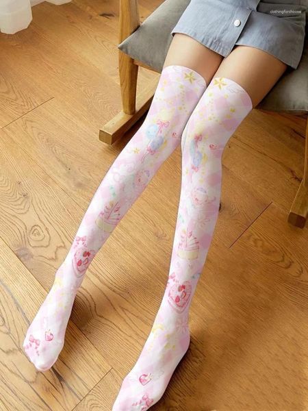 Femmes Chaussettes Mince Lolita Velours Imprimé Bas Au Genou Dessin Animé Ballon Japonais Mince Rose Fille