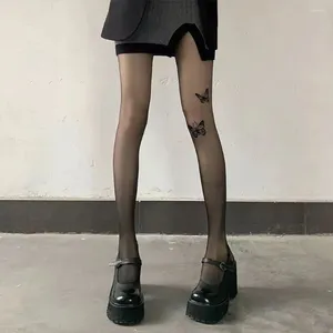 Vrouwen sokken dunne drukpakketten trendy vlinderpatroon elastische lolita kousen leggings zwarte zijde sexy panty dame
