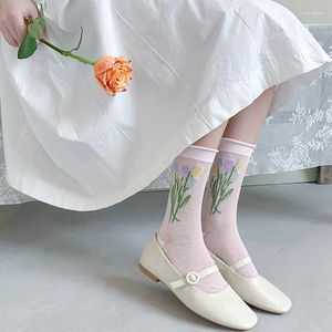 Vrouwen Sokken Dun Transparant Kristal Zijde Mode Zomer Harajuku Retro Bloem Streetwear Elastisch Lang