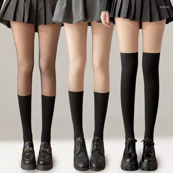 Calcetines de mujer, medias de retazos transparentes negras JK, pantimedias de estilo japonés, medias altas hasta el muslo de Lolita dulces para niñas