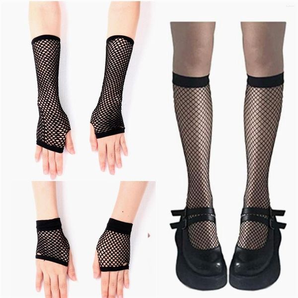 Calcetines de mujer, medias de red sexis transparentes, hasta la rodilla, para primavera y verano, estilo Punk, guantes cortos sin dedos, Lolitas largas