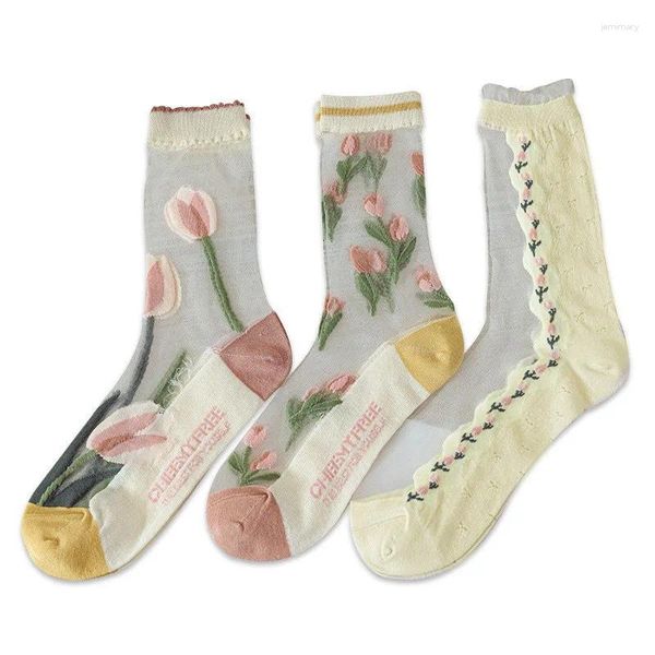 Chaussettes tulipe printemps/été pour femmes, Tube moyen, soie cristal, fine, transparente, confortable, verre, douce, mignonne, étudiante