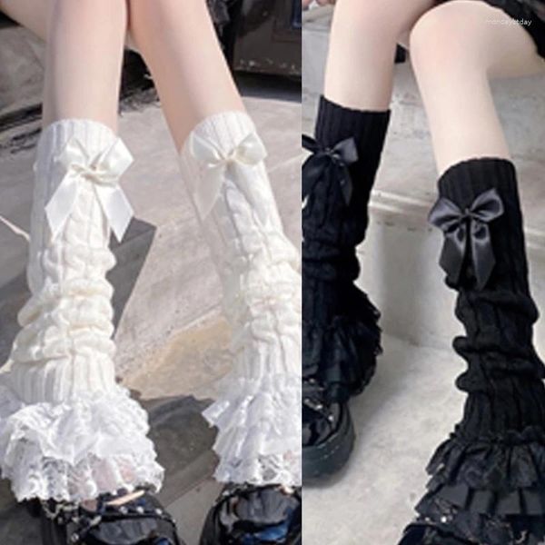 Calcetines de mujer Twist Cable Knit largo para Bowknot escalonado con volantes dobladillo de encaje puños de bota cubre medias