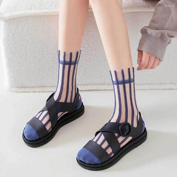 Chaussettes de femmes ultra-mince style japonais transparent pour maille en verre au milieu en verre soie féminine à rayures