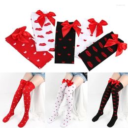 Calcetines de mujer Día de San Valentín muslo alto Bowknot labio corazón impreso sobre la rodilla medias largas para niñas traje de fiesta
