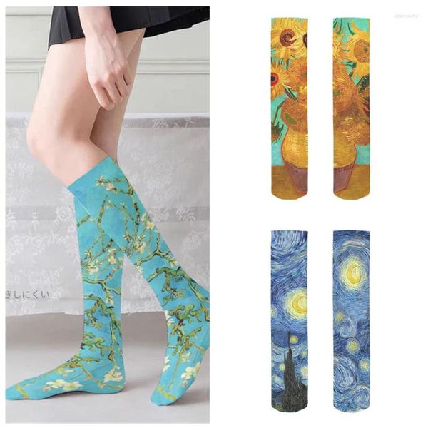 Chaussettes murales Van Gogh pour femmes, peinture de renommée mondiale, bas de tournesol, nouveauté décontractée, longue, classique, rétro, personnalité fine