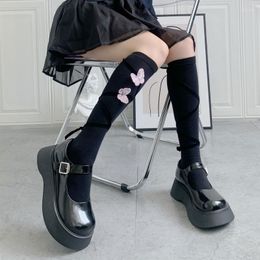 Vrouwen Sokken Vintage Katoen Knie Hoge Met Lace-Up Bandage Strik Japanse Harajuku Fairy 3D Vlinder Kalf Kousen